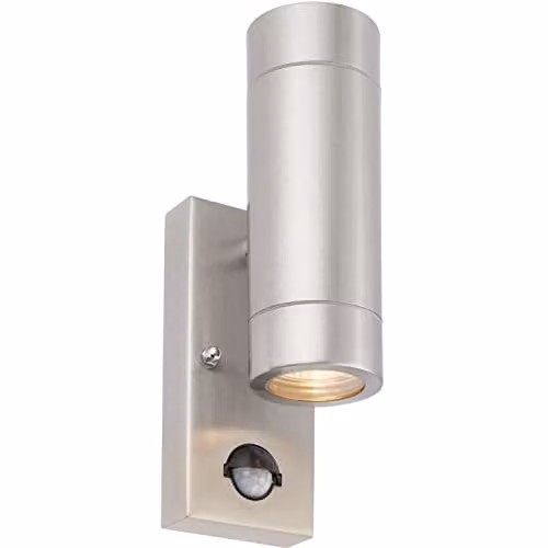 Loops Up & Down LED Wall Light with PIR Motion Sensor in Brushed Stainless Steel and Clear Glass, IP44 Rated