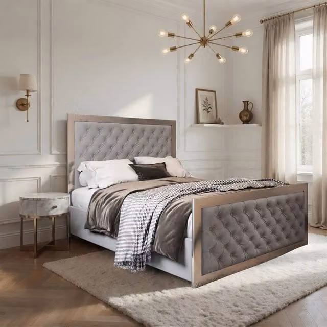Casani Lapworth Super King Upholstered Velvet Bed Frame in Grey and Black with Metal Details, W/D/H: 200 x 200 cm