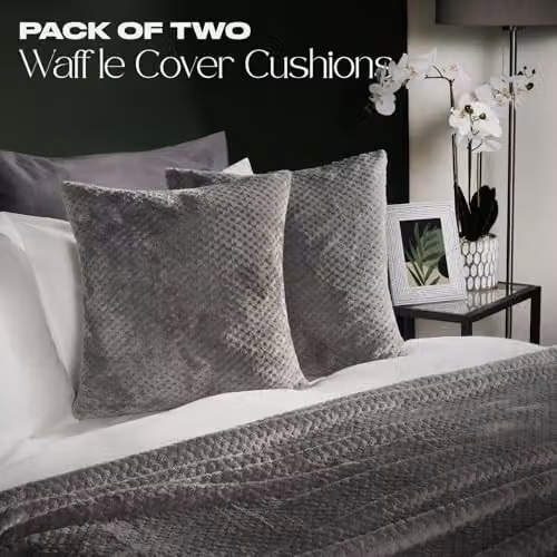 OHS Set of 2 Waffle Fleece Square Cushion Covers in Grey, 45 x 45 cm – 2