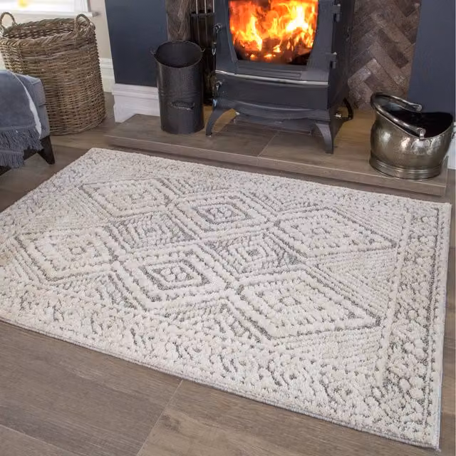 The Rug House Geometric Scandinavian Hand Tufted Area Rug in Grey and White, W: 290 cm, D: 200 cm