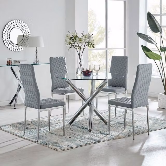 FurnitureboxUK Selina Round Glass Dining Table and Four Milan Dining Chairs in Grey