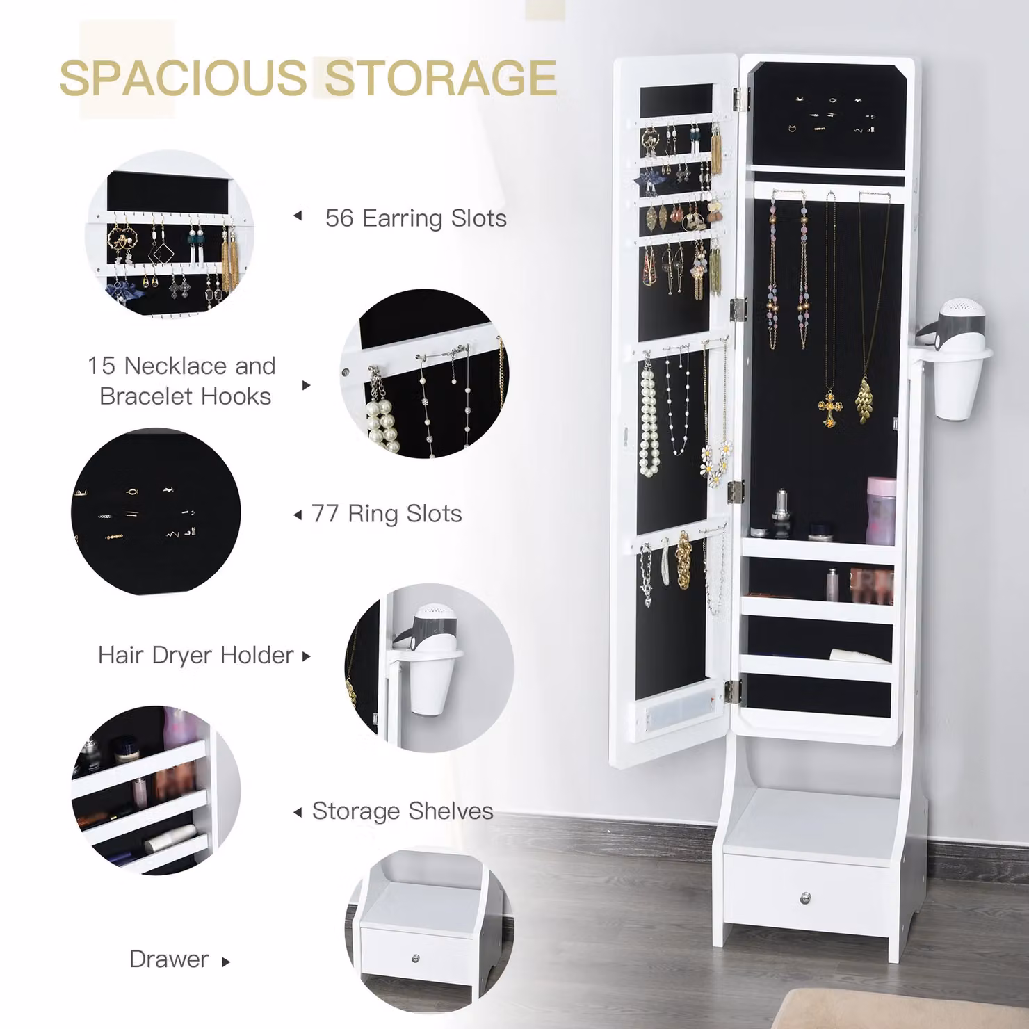 HOMCOM Freestanding Jewellery Cabinet with LED Mirror and Internal Shelves, White, H: 158.0 cm x W: 37.0 cm – 4