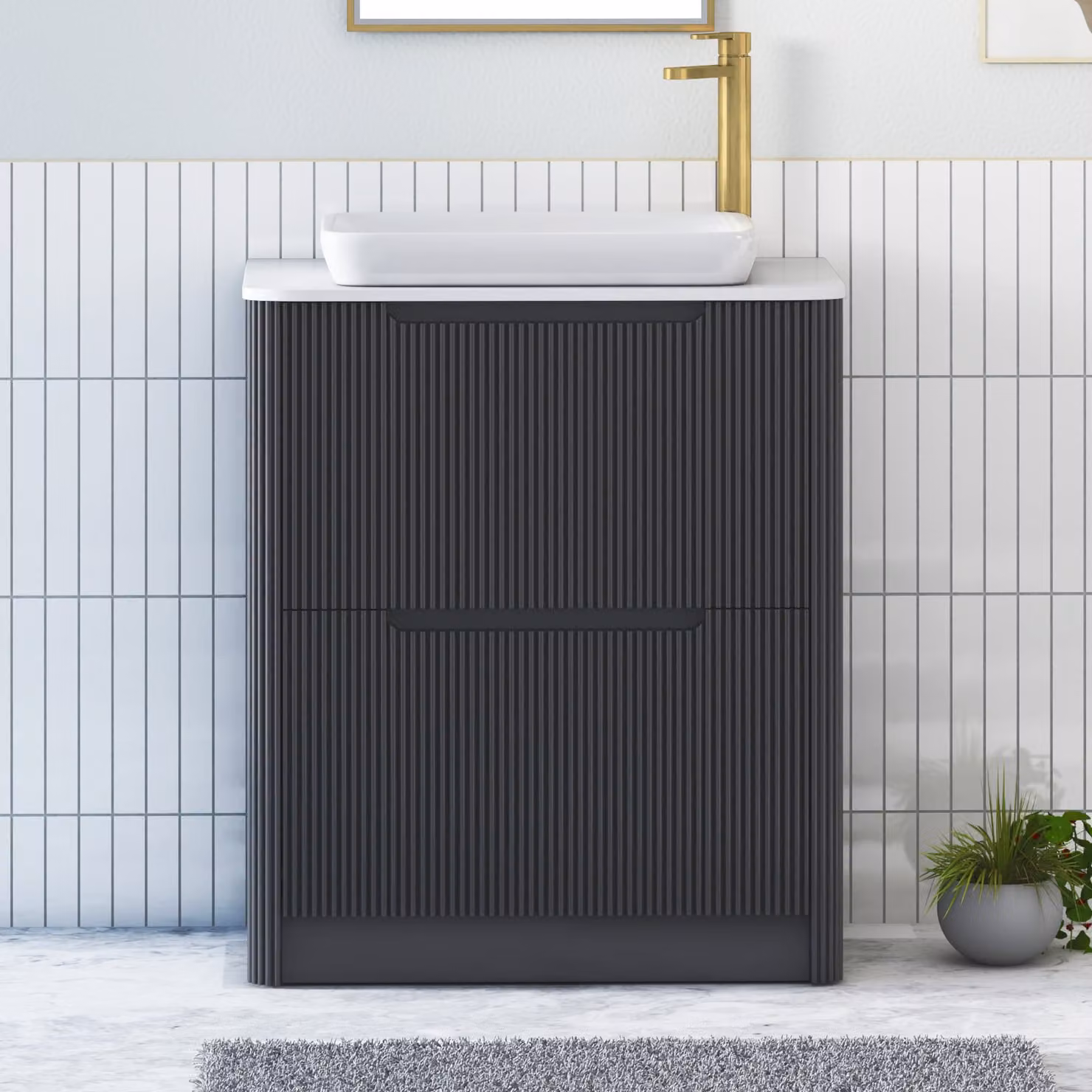 Royal Bathrooms Avenza Floor Standing Vanity Unit with Qubix Basin, Matt Obsidian Black and Plain White Worktop, Width: 60 cm
