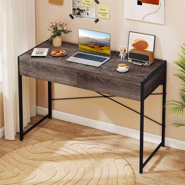 Costway Compact Computer Desk with 2 Drawers in Grey