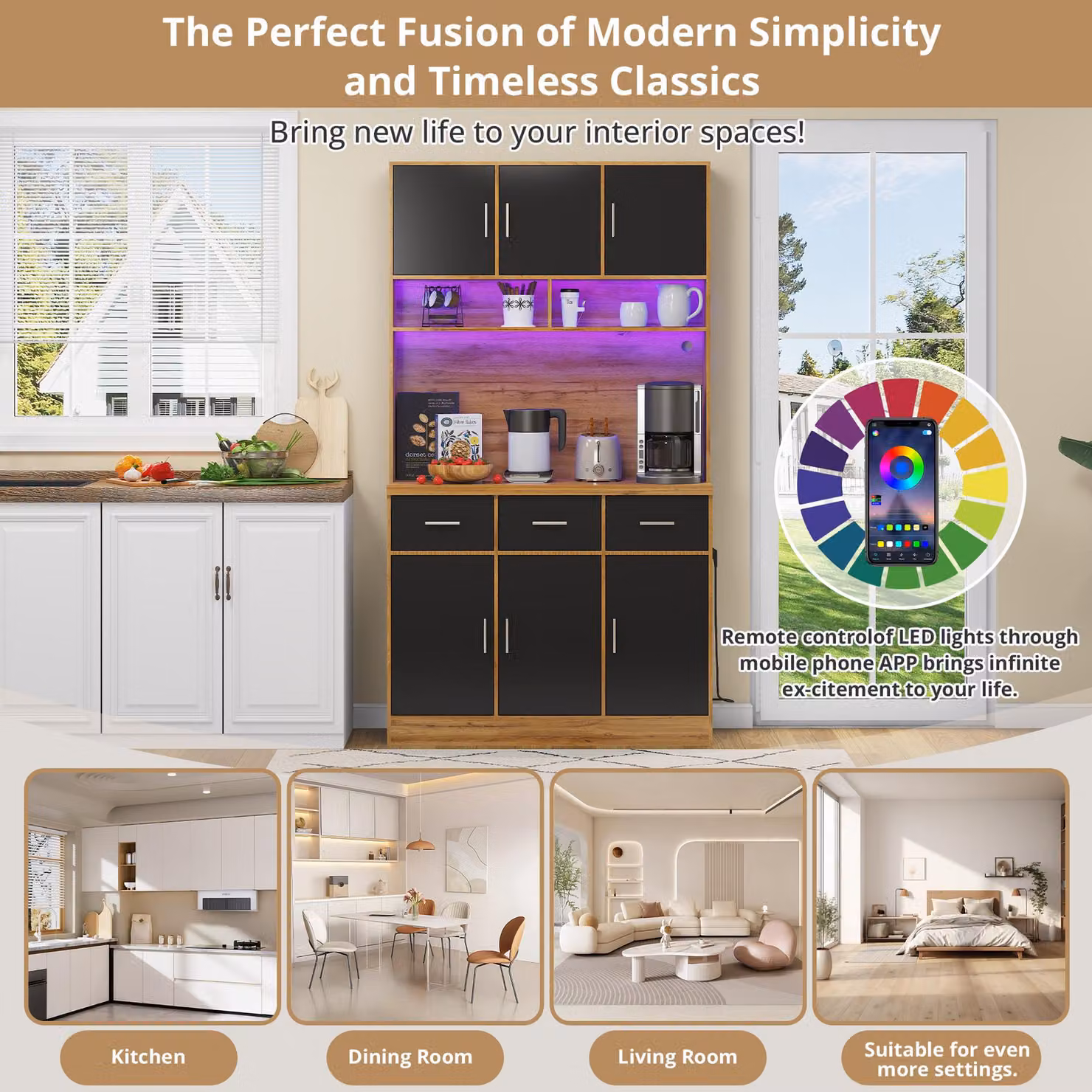 Aosom UK Modern Tall Pantry Cabinet with App-Controlled LED Lighting and Water-Resistant Worktop, Natural and Black, W: 40 cm, D: 100 cm, H: 180 cm – 5