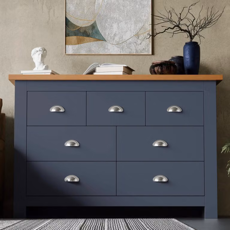 DHS 7 Drawer Wide Chest of Drawers with Soft Close Drawers in Blue