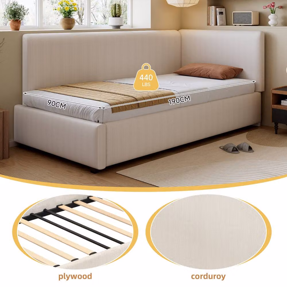 Rolipo Beige Corduroy Upholstered Single Youth Bed with Side Rails W/D/H: 90 x 190 cm – 3