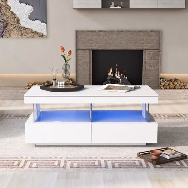 Aosom UK High-Gloss LED Coffee Table with App-Controlled Lights in White, W: 100 cm, D: 60 cm, H: 49.5 cm – 1