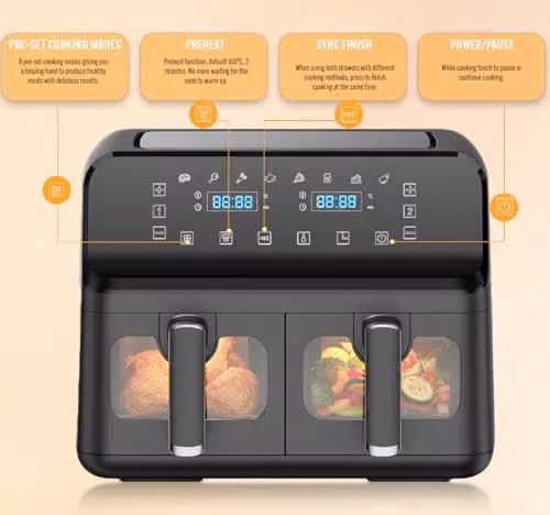 PureMate 9L Dual Air Fryer in Black with Digital Display, 2500W Dual Zone Cooking, Timer and Dishwasher Safe Parts – 2