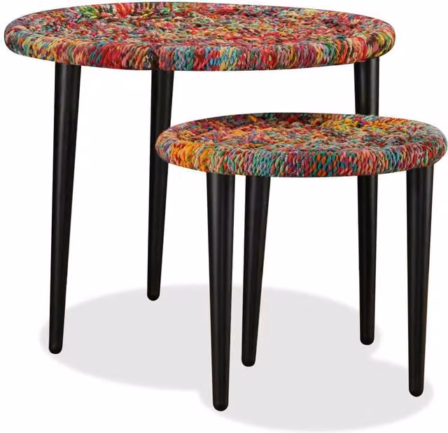 Berkfield Home Beautiful 2 Piece Round Nested Coffee Table Set with Chindi Weave Details in Multicolour – 1