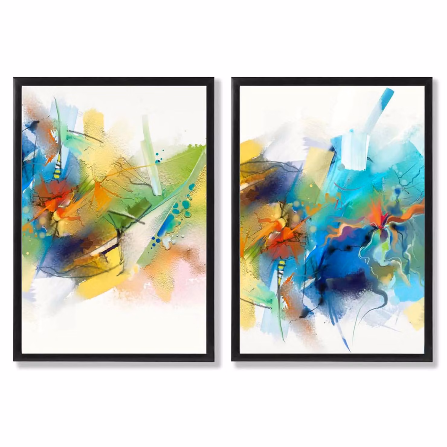 ARTZE Abstract Fractal Blue and Green Set of 2 Paper Art Prints in Black Wood Frames – 2