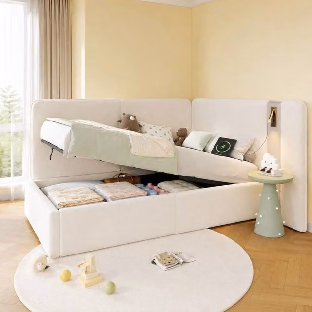 Merax L-shaped Velvet Upholstered Daybed with Storage, USB Charging Port and Integrated Reading Light, Beige, W/D/H: 190 x 90 x 87 cm