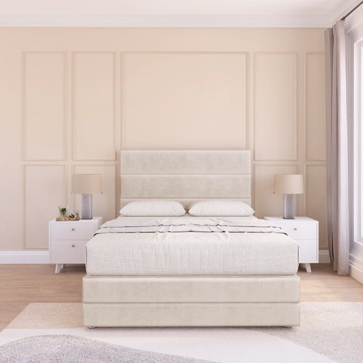 Sloomy Monaco Upholstered Bed Frame with Headboard in Beige, W/D/H: 200 x 200 cm