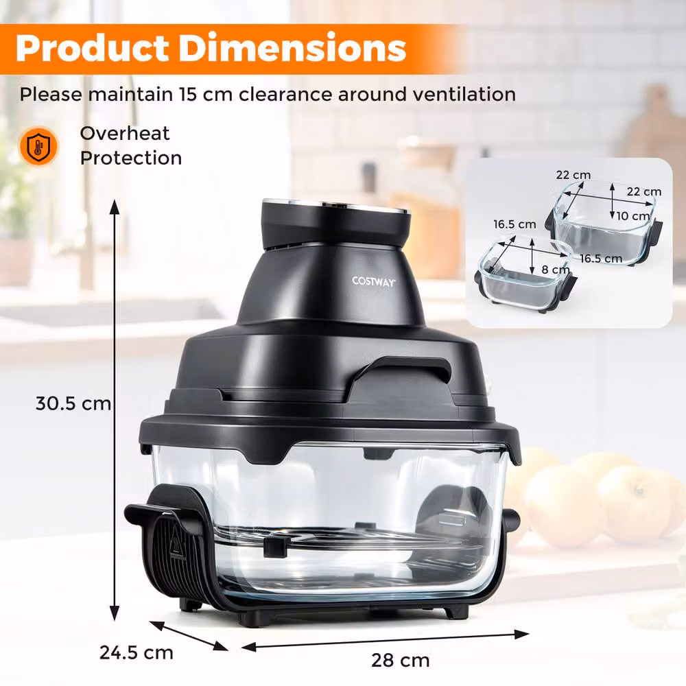 Costway 6-in-1 Portable Glass Air Fryer and Baker with Lids, 1500W, Black – 2