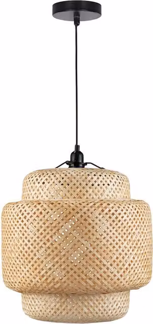 COSTWAY Bamboo Cylinder Hanging Pendant Light in Brown