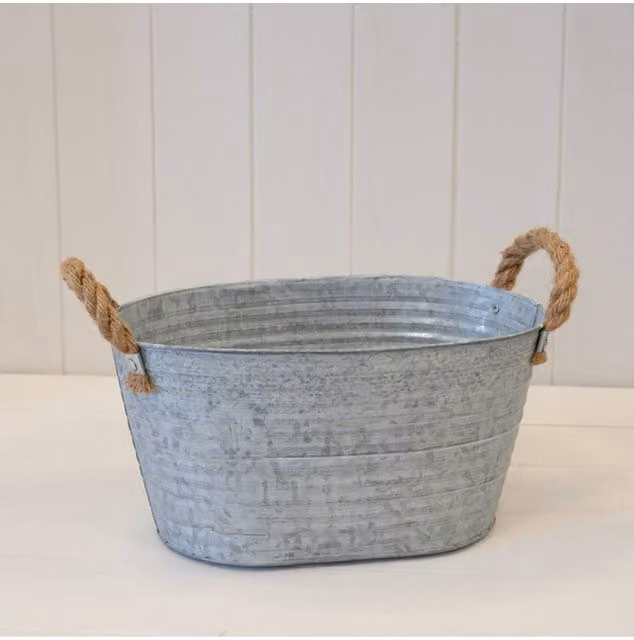 KDMD Aged Zinc Trough with Rope Handles and Drainage Hole in Grey