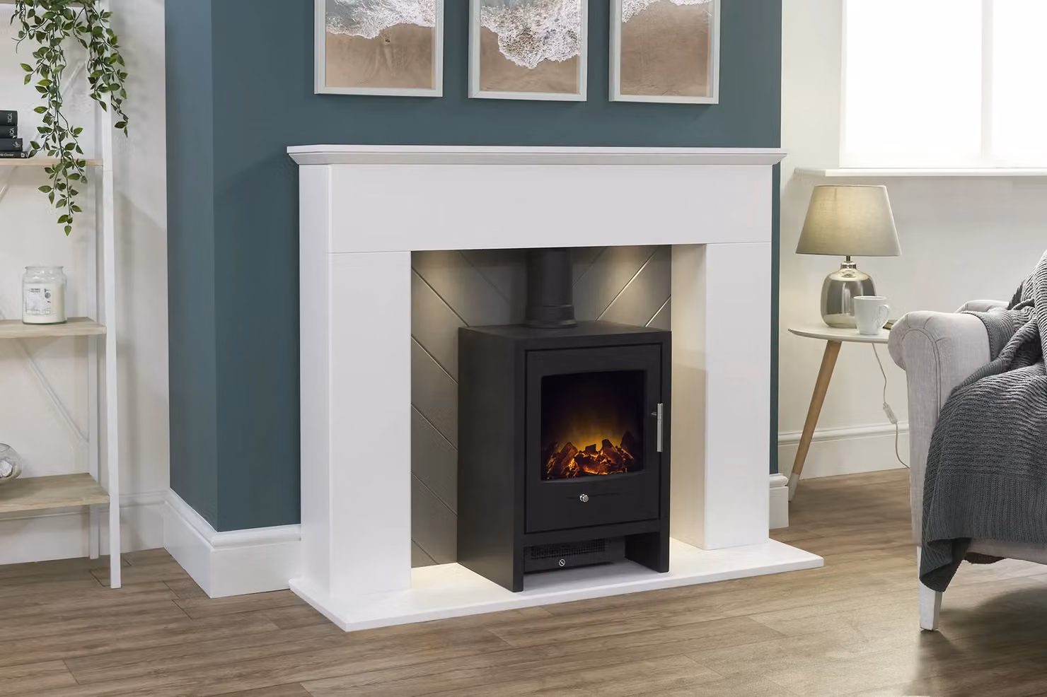 Adam Fires & Fireplaces Corinth Stove Fireplace in Pure White and Grey with Downlights and Bergen Electric Stove in Charcoal Grey, 48 Inch – 2
