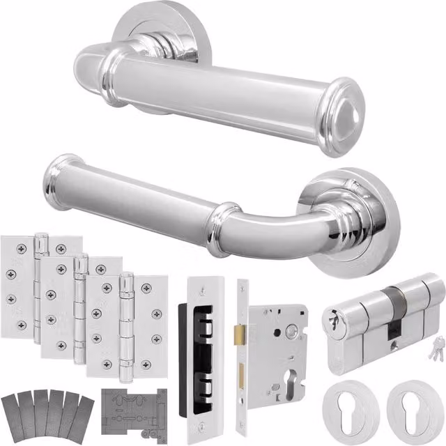 AFIT Chrome Fire Door Handle Euro Lock Double Cylinder Set with Hinges in Silver, W/D/H: 15 x 15 cm – 1