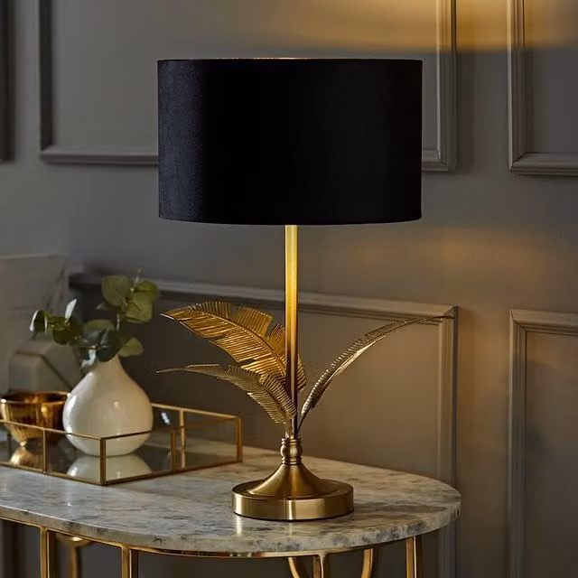 ValueLights Christina Palm Leaf Table Lamp with Velvet and Metallic Shade and LED Bulb in Black, Green and Gold/Brass