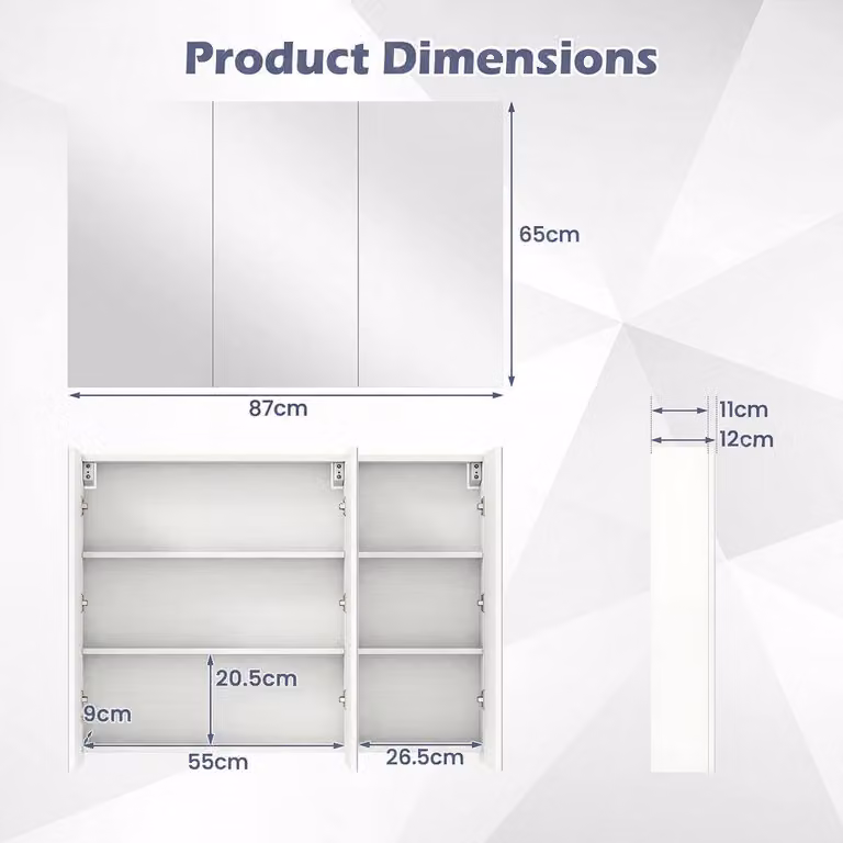 Costway White Wall Mounted Bathroom Mirror Cabinet with 3 Soft Close Glass Doors