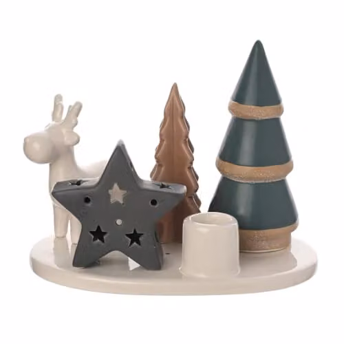 Widdop and Co White Ceramic Woodland Candle Tray with Star and Rustic Oval Design