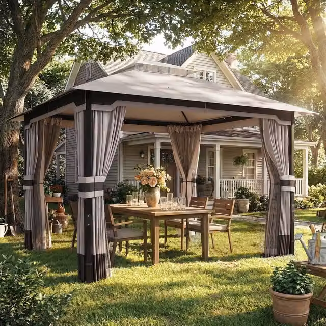 Outsunny Outdoor Garden Gazebo with Netting and Curtains, Khaki/Beige, W: 360 cm, D: 300 cm