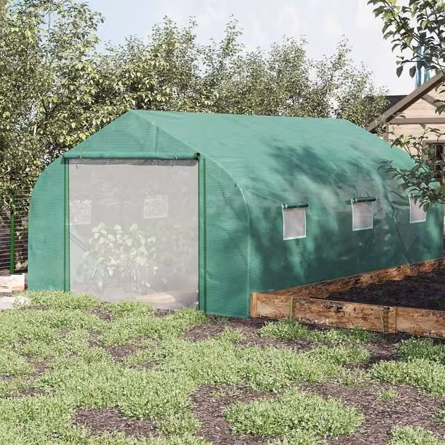Outsunny Green Walk-in Polytunnel Garden Greenhouse with Metal Frame and Roller Window