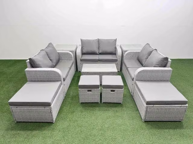 Fimous 10 Piece Garden Furniture Set with Rectangular Coffee Table, Reclining Chairs and Inclining Sofa in Light Grey
