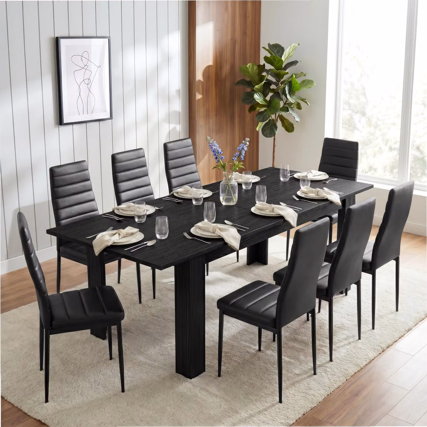 DHS Milo Extendable Rectangular Dining Table and Chair Set, 8 Seater, Black Glossy MDF Laminate