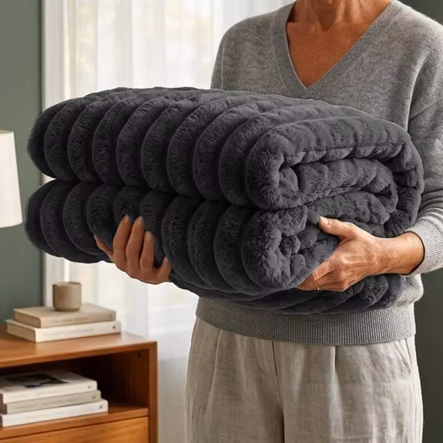 Casabella Black Ribbed Polyester Fleece Blanket
