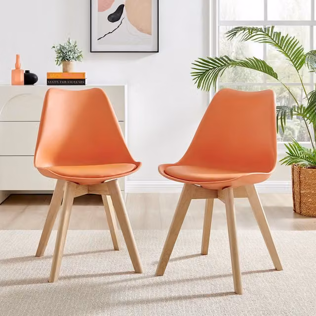 FurnitureboxUK Set of 2 Stockholm Scandi Minimalist Dining Chairs in Natural Birch Wood with Orange Faux Leather Cushions