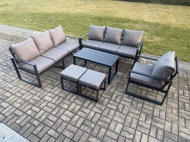Fimous 9 Seater Aluminium Garden Furniture Set in Dark Grey with L-Shape Sofa, Coffee Table, Armchairs and Ottomans