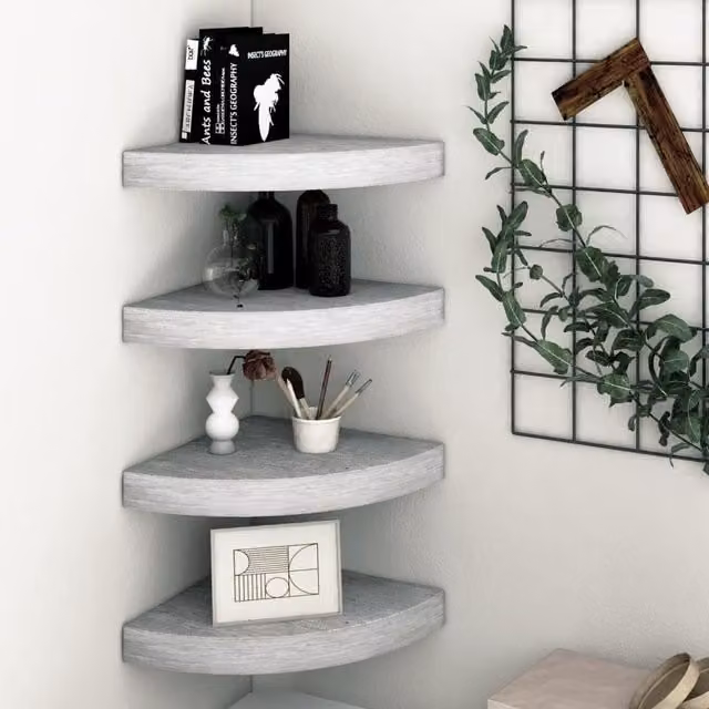 Berkfield Home Set of 4 Wall Mounted Corner Shelves in Concrete Grey MDF, W/D/H: 35 x 35 x 3.8 cm