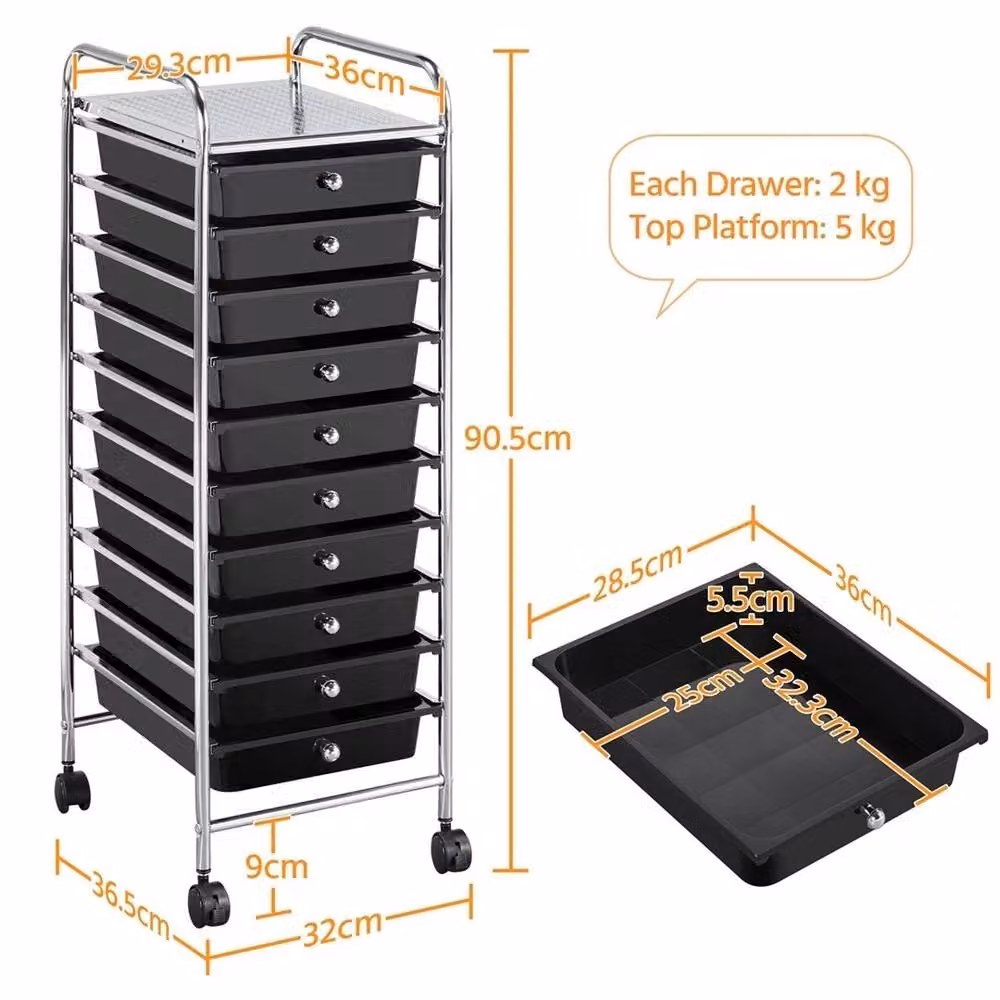 EONLION Black 10 Drawer Rolling Metal Storage Cart with Castors and Lock – 2