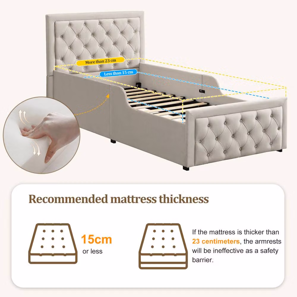 Merax Single Velvet Upholstered Bed Frame with Hydraulic Storage, Beige, W/D/H: 90 x 190 cm – 3
