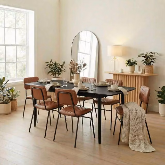 FurnitureboxUK Leif Wood Extending Dining Table with 6 Tan Delta Chairs in Black