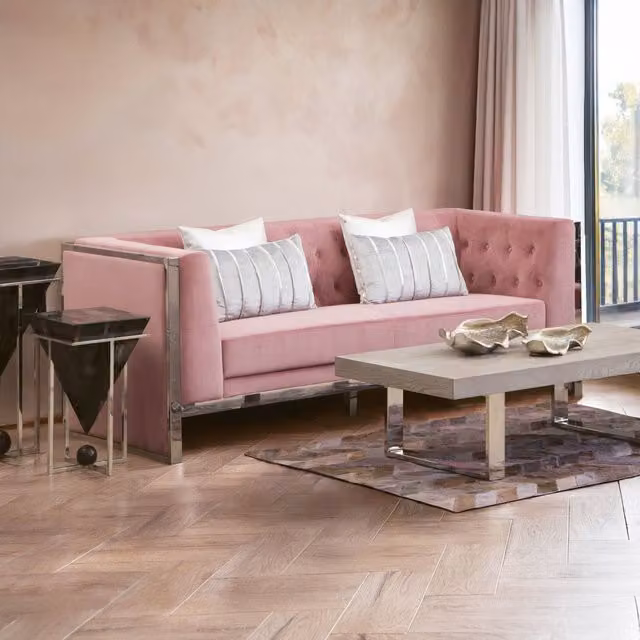 Orsina Mid Century 3 Seat Pink Velvet Sofa with Metal Frame and Scatter Cushions, W/D/H: 220 x 81 x 80 cm – 2