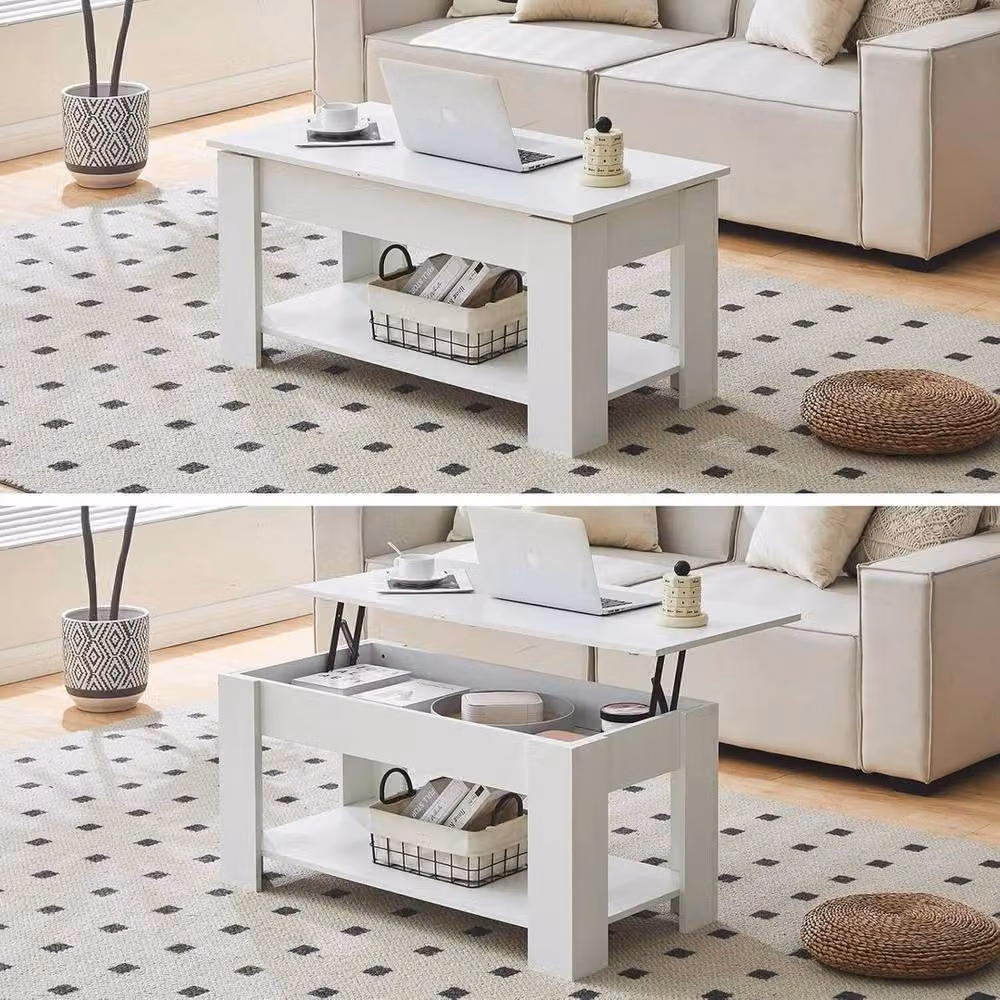 NESTLUNE White Modern Lift Top Coffee Table with Storage Drawer and Shelf – 3