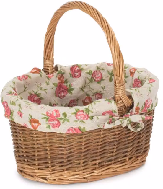 Red Wicker Childrens Garden Hamper with Rose Lined Cotton Interior in Brown
