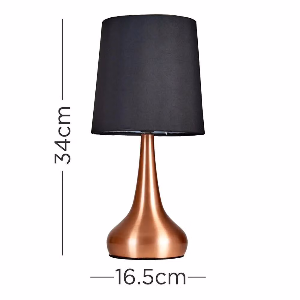 ValueLights Teardrop Pair of Compact Black and Copper Touch Bedside Table Lamps – 5