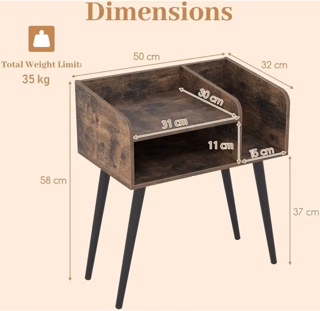 Costway Set of 2 Mid Century Modern Brown Metal Nightstands for the Bedroom