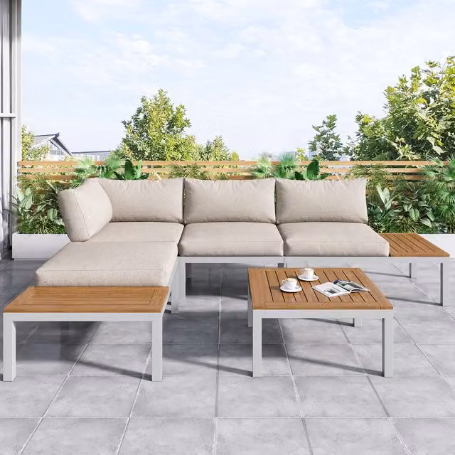 Modern Home Interior L-Shaped Outdoor Lounge Set with Coffee Table in Beige and Grey