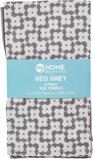 My Home Geo Highly Absorbent Cotton Tea Towels, Pack of 2, Grey