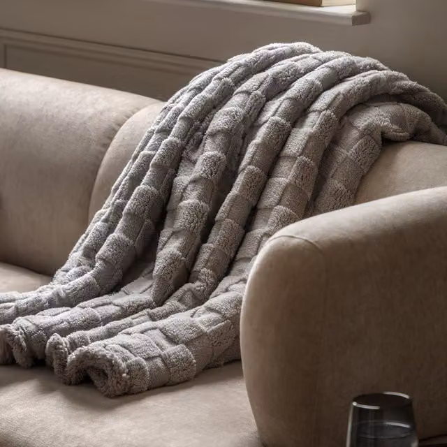 Terrys Checked Sherpa Fluffy Fleece Throw in Beige and Grey, W: 140 cm, L: 180 cm