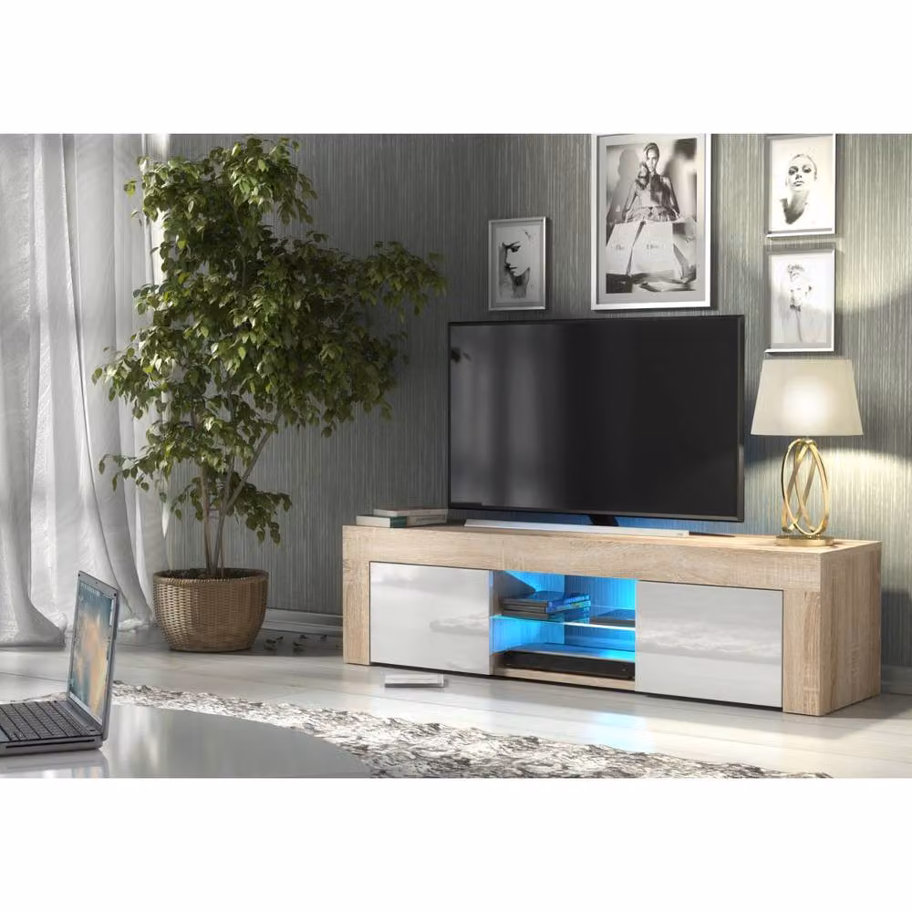 Mex Furniture LTD Loom Modern TV Unit in Oak and White Gloss with LED Lights, W: 130 cm, D: 35 cm, H: 35 cm – 2