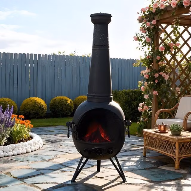 Gr8 Garden Black Metal Wood Burning Chiminea Fire Pit and Grill with Wire Mesh, Height: 130 cm