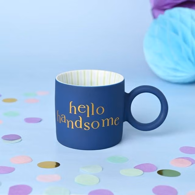 Confetti Hello Handsome Men's Mug in Navy and Gold Striped – 1