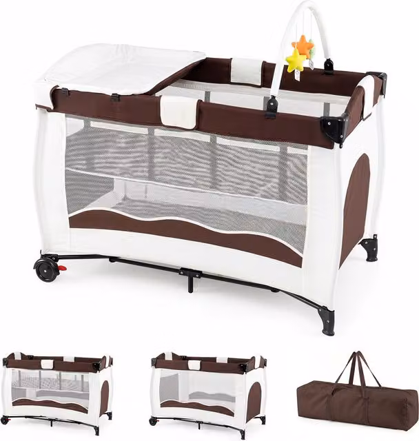 Costway 4 in 1 Portable Baby Playard in Brown and White