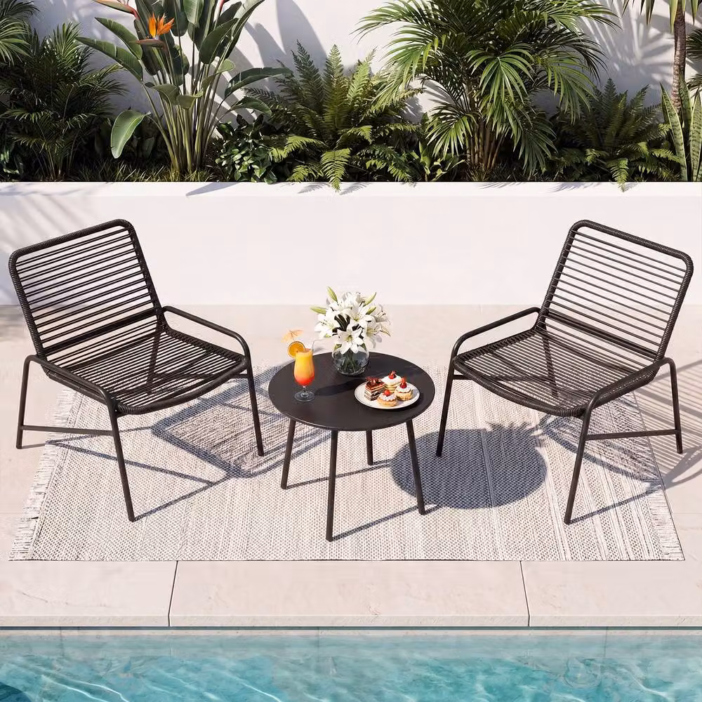 Gymax 3 Piece Black Rattan Bistro Set with Side Table for Garden, Terrace or Balcony – 3