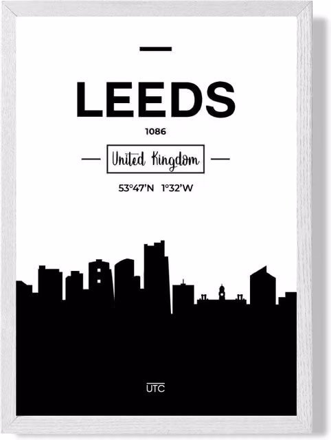 ARTZE Leeds Black and White City Skyline Framed Print in White Frame, A4 – 1